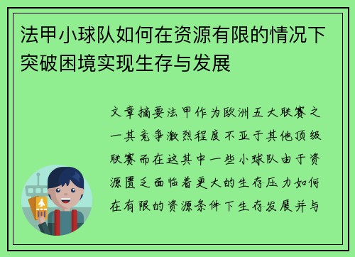 法甲小球队如何在资源有限的情况下突破困境实现生存与发展